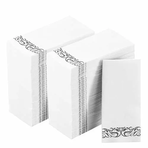 200 Disposable Hand Towels Soft and Absorbent Linen Feel Dinner Napkin Durable Decorative Bathroom Hand Napkins Good for Kitchen, Parties, Weddings, Dinners or Events White and Silver