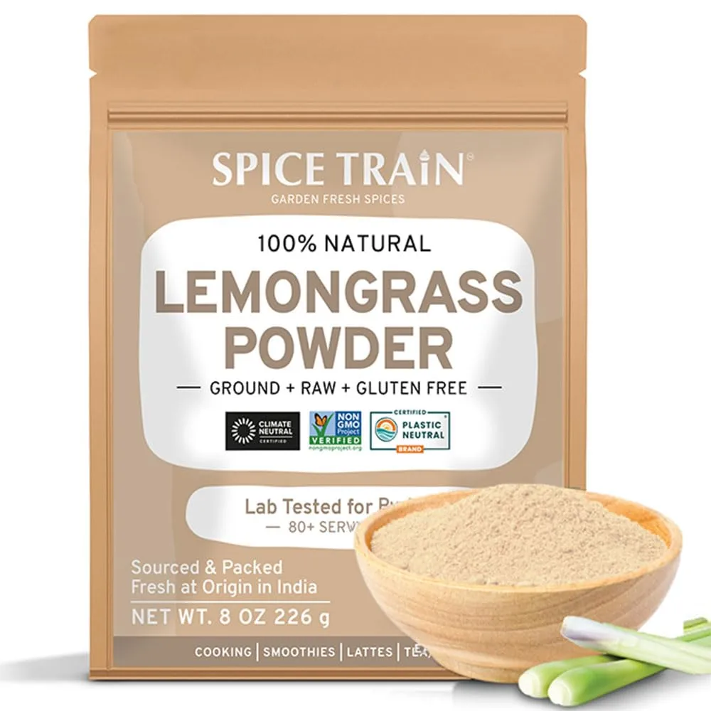 SPICE TRAIN Lemongrass Powder (226g/8oz) Non GMO, Gluten Free, 100% Raw, Sourced from India, For Cooking, Smoothies, Tea, Packed in Resealable Ziplock Pouch