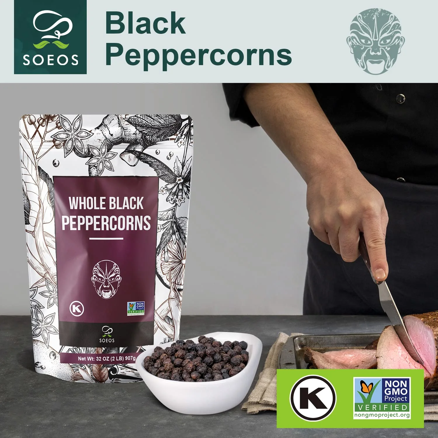 Soeos Black Peppercorns, 32oz (Pack of 1), Non-GMO, Kosher, Packed to Keep Peppers Fresh, Peppercorn for Grinder Refill, Whole Peppercorns