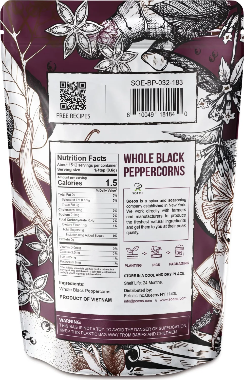 Soeos Black Peppercorns, 32oz (Pack of 1), Non-GMO, Kosher, Packed to Keep Peppers Fresh, Peppercorn for Grinder Refill, Whole Peppercorns