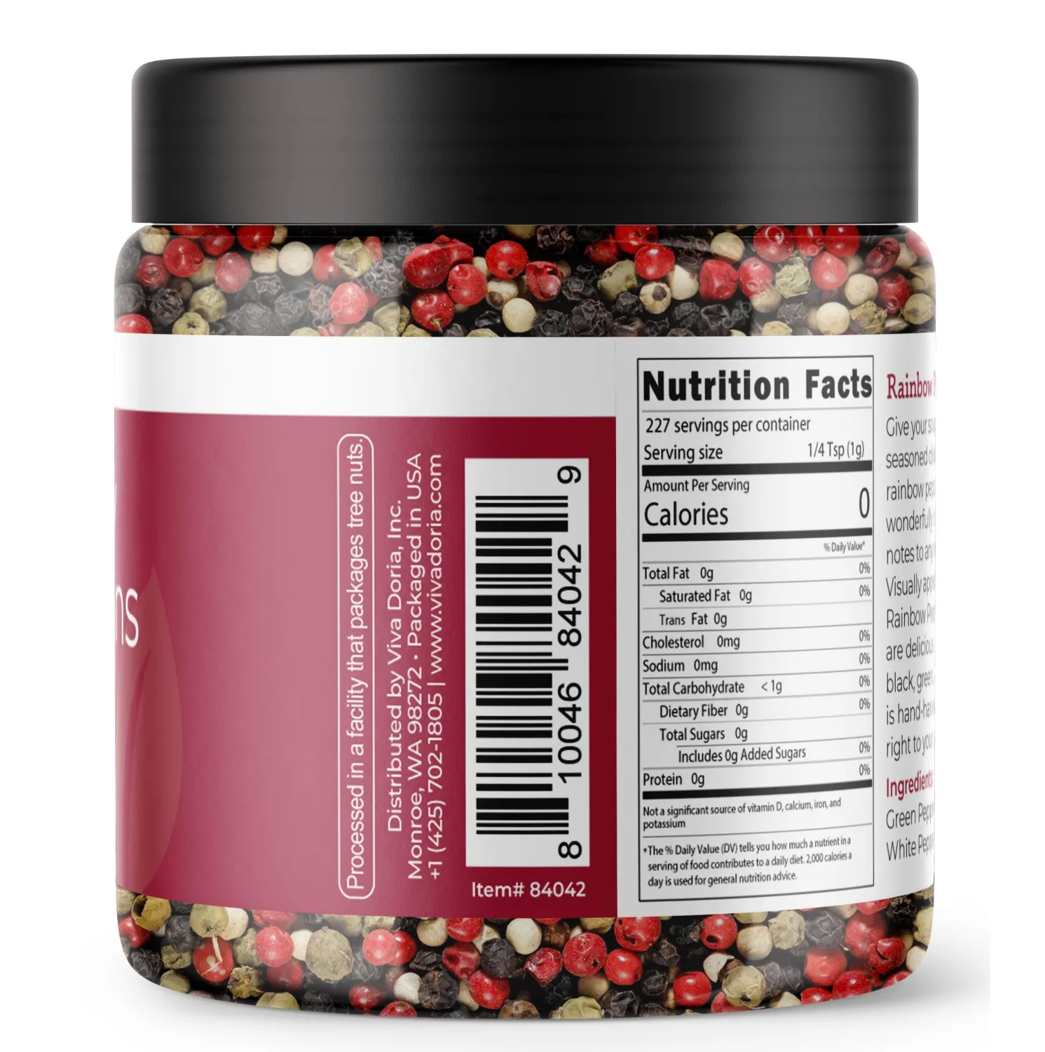 Viva Doria Rainbow Blend Peppercorn, Steam Sterilized Whole Black Pepper, Whole Green Pepper, Whole Pink Pepper, Whole White Pepper, 8 Oz, For Grinder Refills