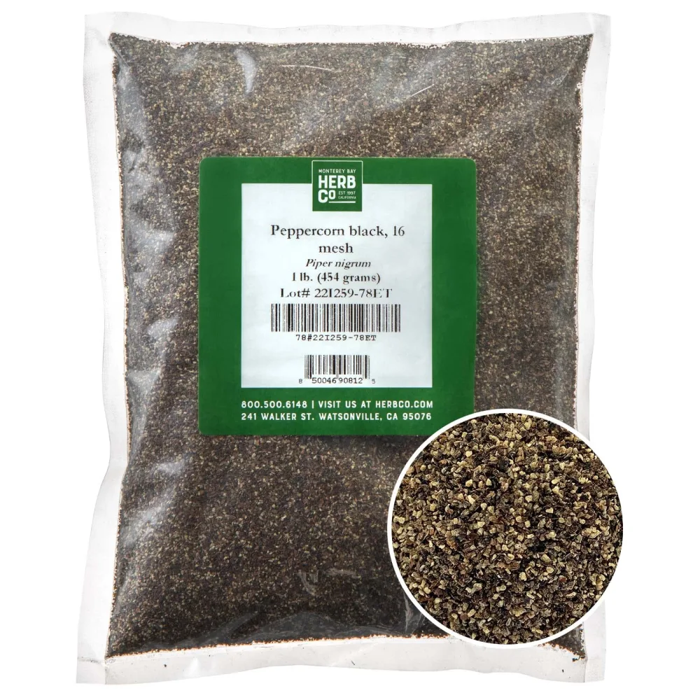 Monterey Bay Herb Co. Black Peppercorn (16 Mesh) - Premium Ground Pepper Essential Spice for Seasoning & Cooking (1lb Bag)