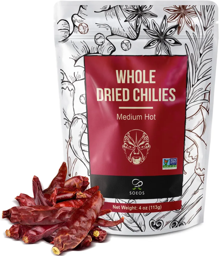 Soeos Whole Dried Chili 4oz, Medium Spicy, Natural and Premium, Great for Mexican Recipes, Dry Szechuan Pepper, Dry Chile Peppers, Sichuan Pepper, Dried Red Chilie, Whole Dried Chili Peppers.