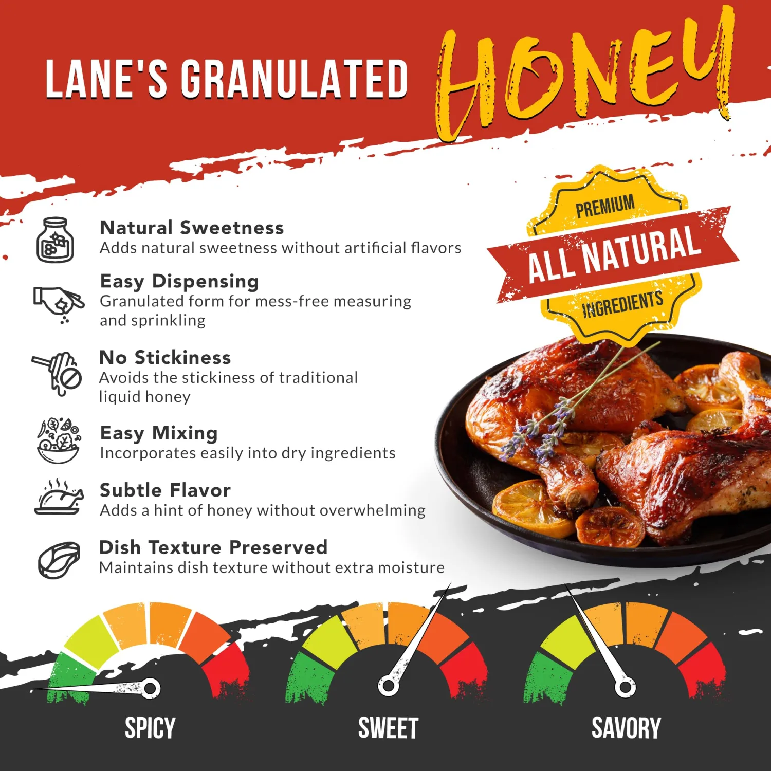 Lane's Granulated Honey Seasoning, All-Natural Caramelized Granulated Powdered Honey Dust Blend with Honey Sugar Cane, No MSG, Made in USA, 10.5 Oz