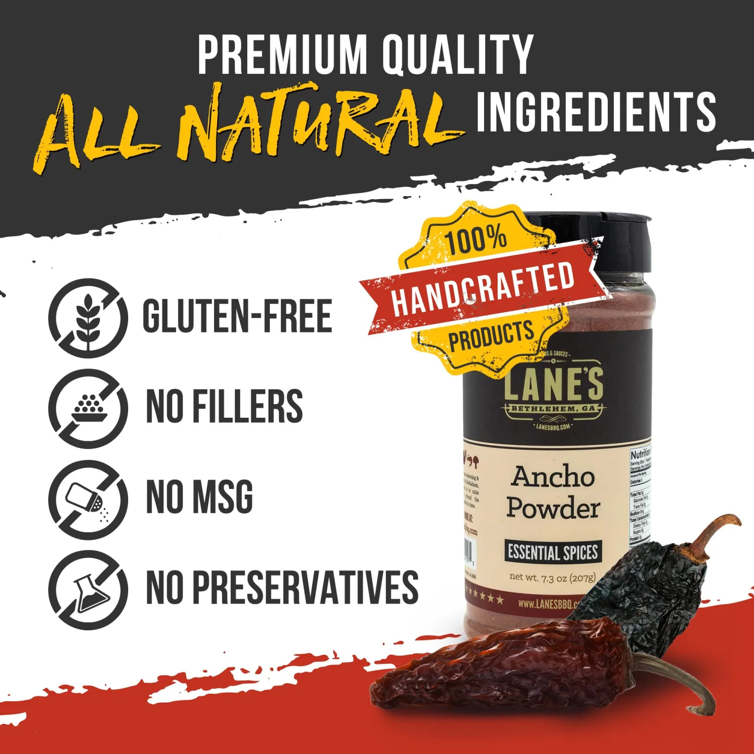 Lane's Ancho Chile Powder Spice, All-Natural Ancho Chili Powder Seasoning with Sweet & Smoky Ancho Chiles Flavor, No Preservatives Made in USA, 7.3 Oz