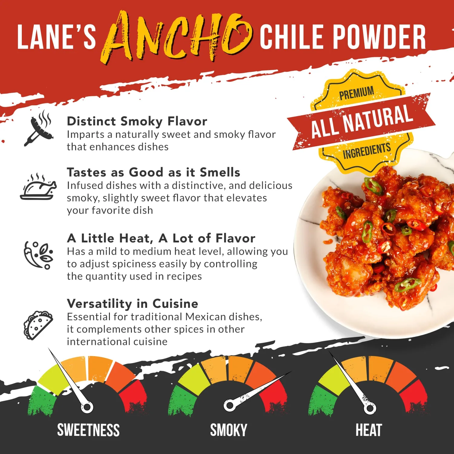 Lane's Ancho Chile Powder Spice, All-Natural Ancho Chili Powder Seasoning with Sweet & Smoky Ancho Chiles Flavor, No Preservatives Made in USA, 7.3 Oz