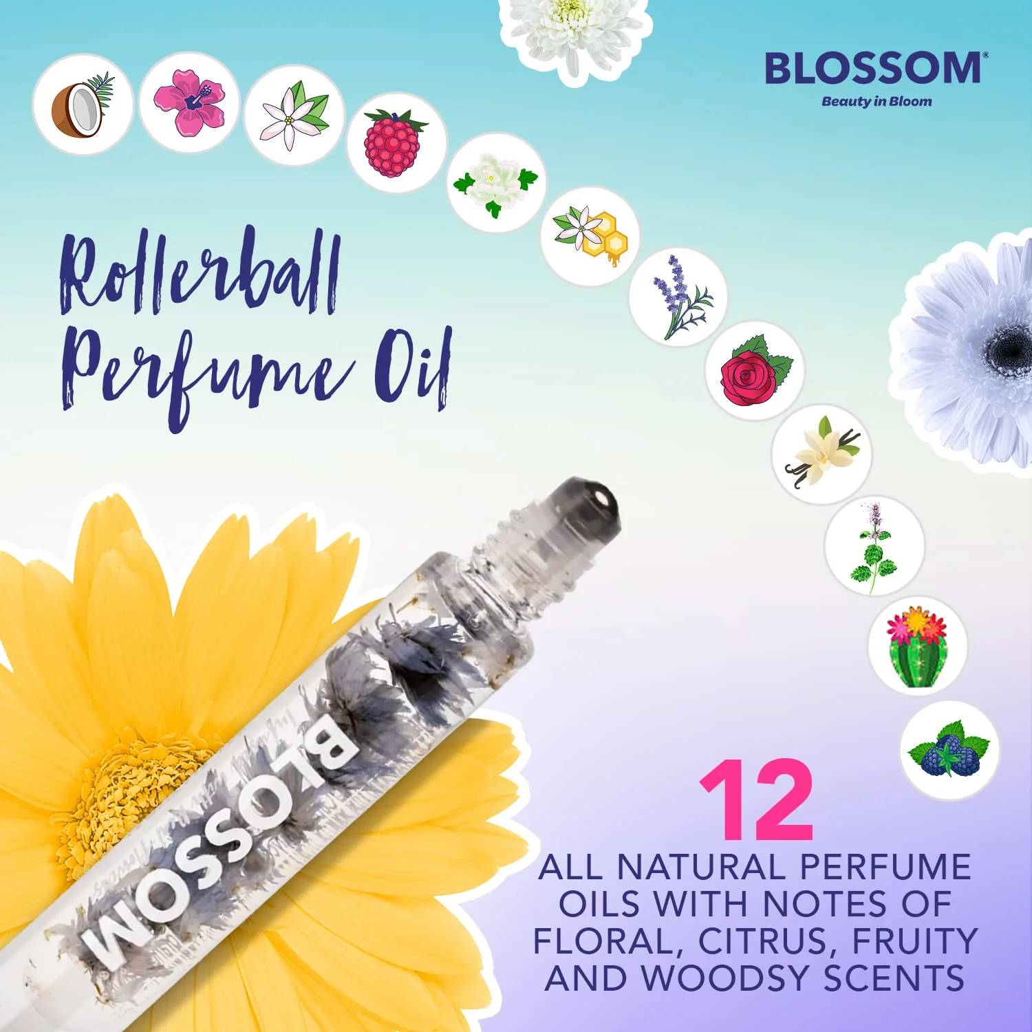 Blossom Roll on Rollerball Perfume Oil, Natural Ingredients + Essential Oils, Infused with Real Flowers, Made in USA, 0.20 fl. oz./5.9 ml, (Dark Berries, Plum, Vanilla, Sugar), Luxe Blackberry Spice