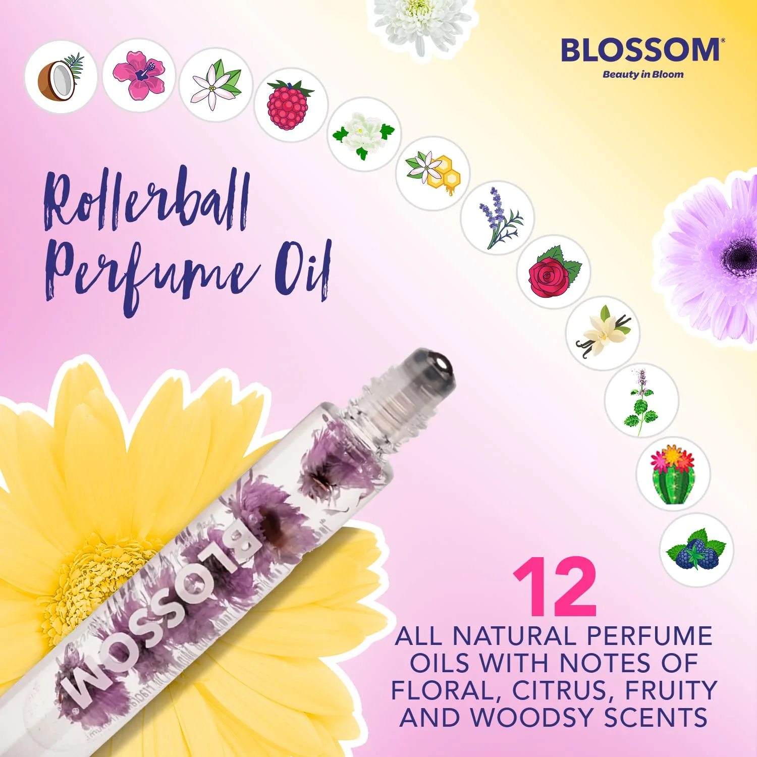 Blossom Roll on Rollerball Perfume Oil with Natural Ingredients + Essential Oils, Infused with Real Flowers, Made in USA, 0.20 fl. oz./5.9 ml, (Sandalwood, cedar, Amber, Vetiver), Luxe Lavenderwood