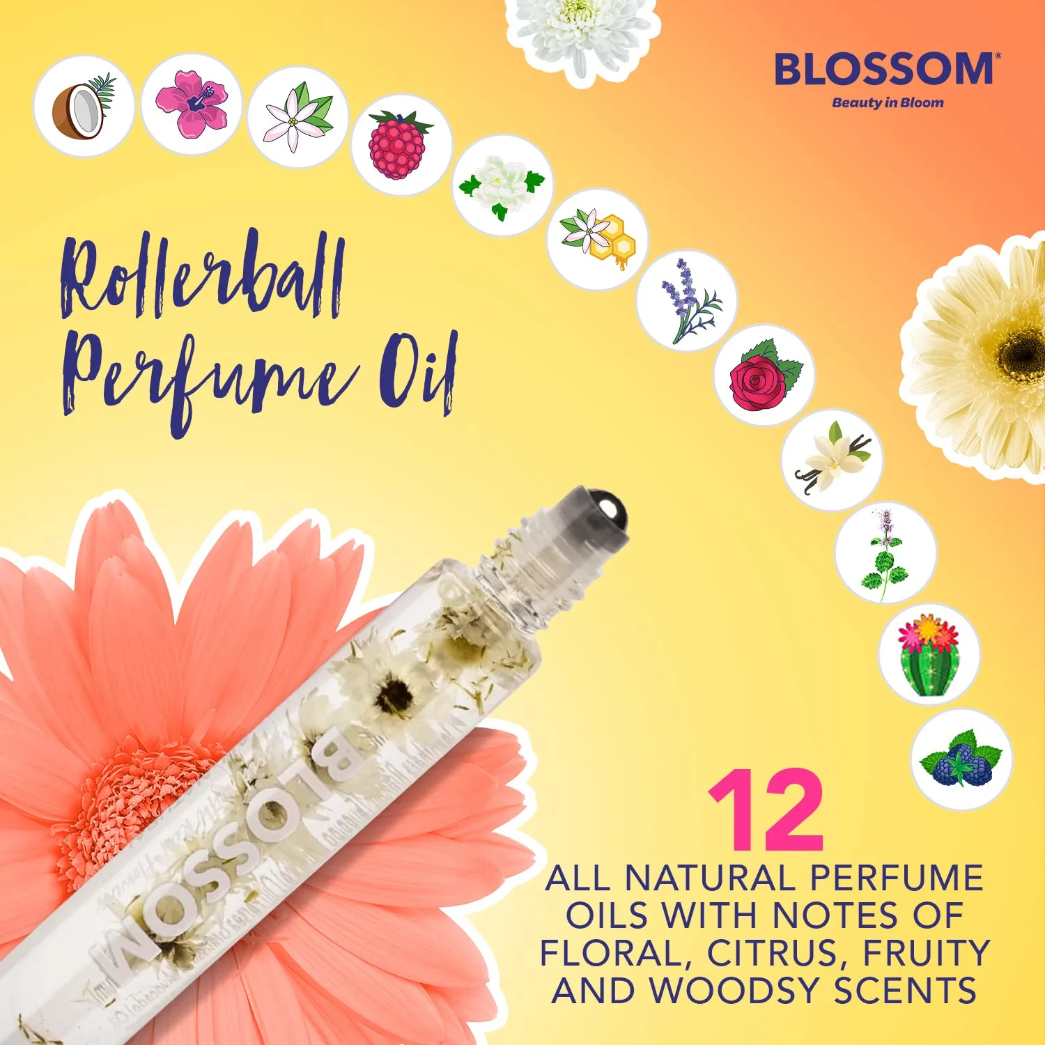 Blossom Roll on Rollerball Perfume Oil with Natural Ingredients + Essential Oils, Infused with Real Flowers, Made in USA, 0.20 fl. oz./5.9 ml, (Rose, Peony, Lily of the Valley), Luxe White Peony