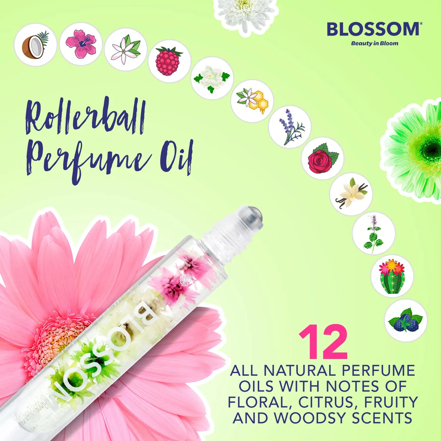 Blossom Roll on Rollerball Perfume Oil, Natural Ingredients, Essential Oils, Infused with Real Flowers, Made in USA, 0.20 fl. oz./5.9 ml, (Lemon, Bergamot, Violet, White Musk), Classic Cactus Flower