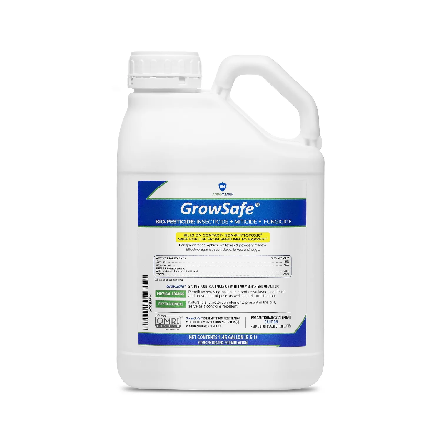 AgroMagen, GrowSafe Bio-Pesticide, Organic Natural Miticide, Fungicide and Insecticide, (1.45 Gallon)