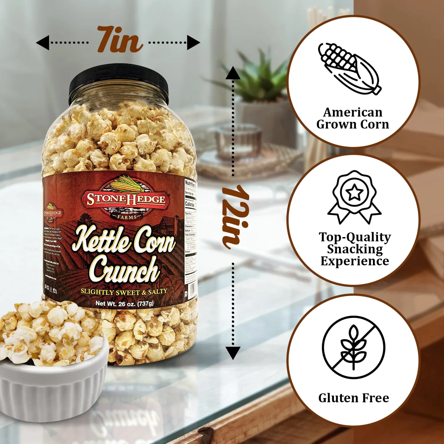 Stonehedge Farms Kettle Corn Crunch Popcorn | 26 oz Large Tub | Perfect for Holidays and Christmas | Bulk Gourmet Popped Flavored Sweet Snacks | Made in the USA