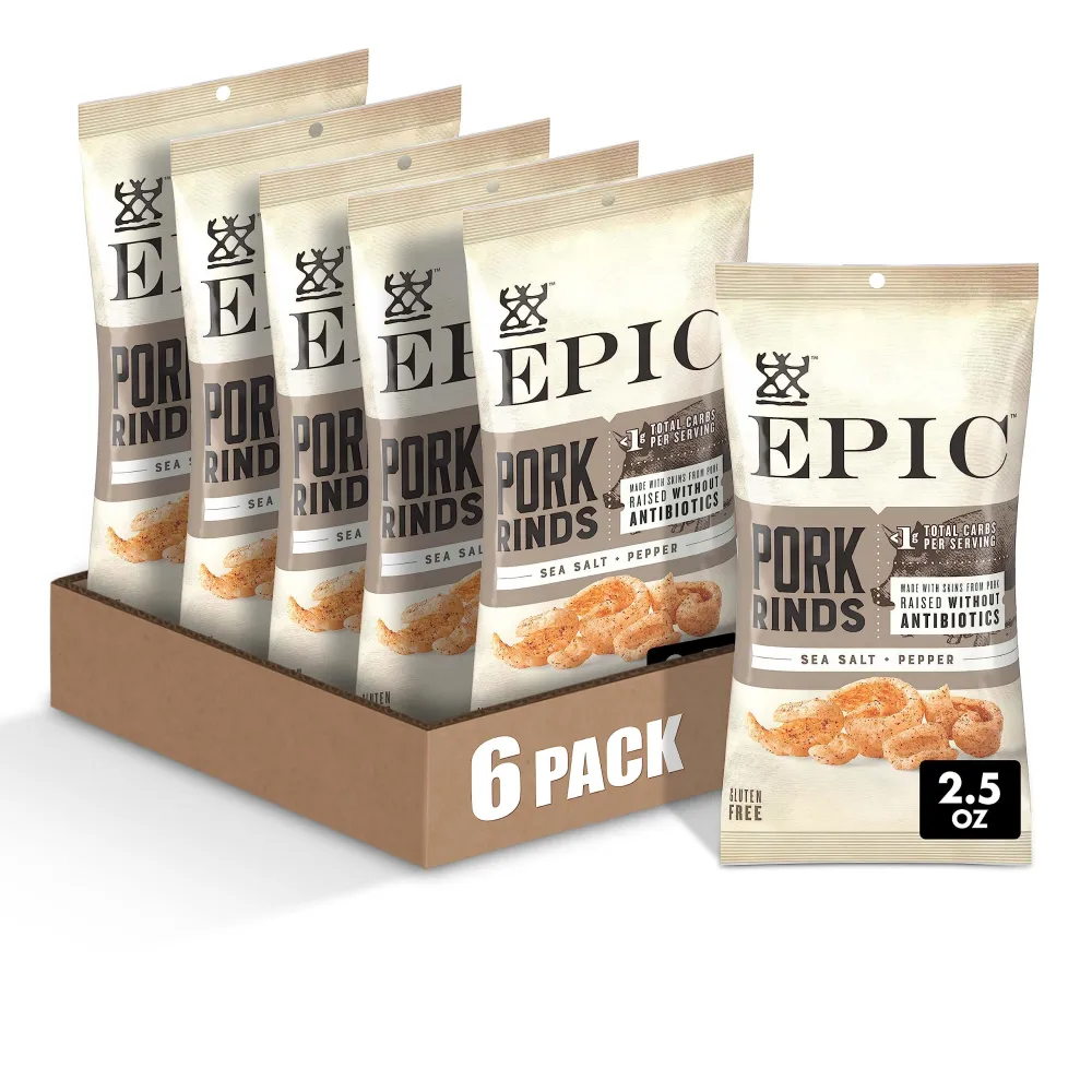 EPIC Sea Salt & Pepper Pork Rinds, Keto Friendly, Paleo Friendly, 2.5 oz (Pack of 6)