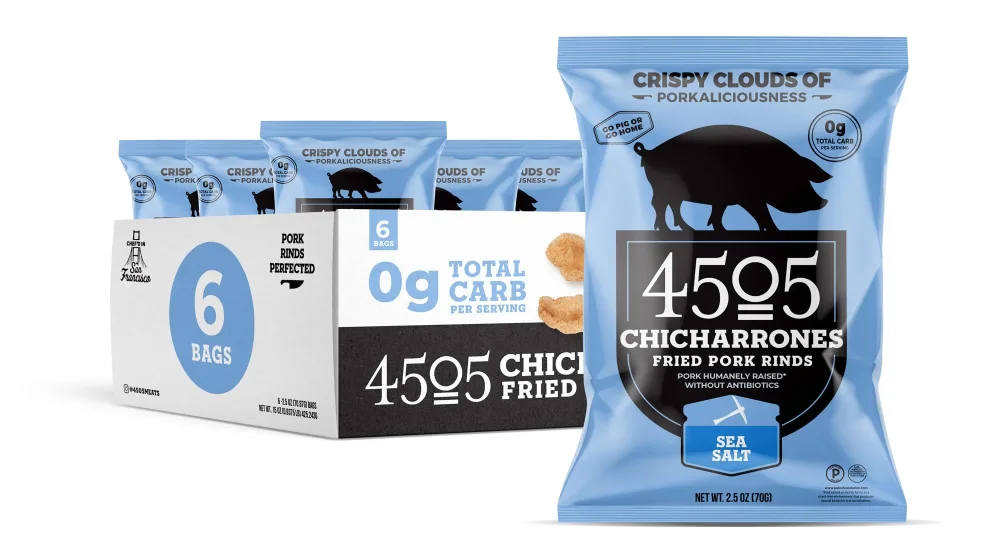 4505 Meats, Sea Salt Chicharrones, Fried Pork Rinds, 2.5 Ounce Bags (Pack of 6) Single Serve Size - Keto Certified, Low Net Carb, Humanely Raised All-Natural Pork, Paleo and Naturally Gluten Free