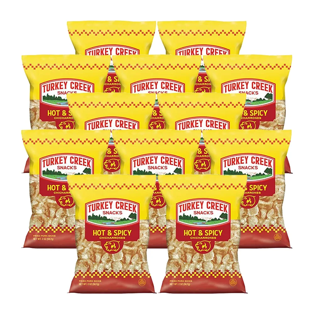 Turkey Creek - America’s Best Fried Pork Skins, offers a 12-Bag Straight Pack of its Hot Pork Rinds. These Pork Skin Chips(Chicharrones) are packed with Hot 12-2.0 oz bags.