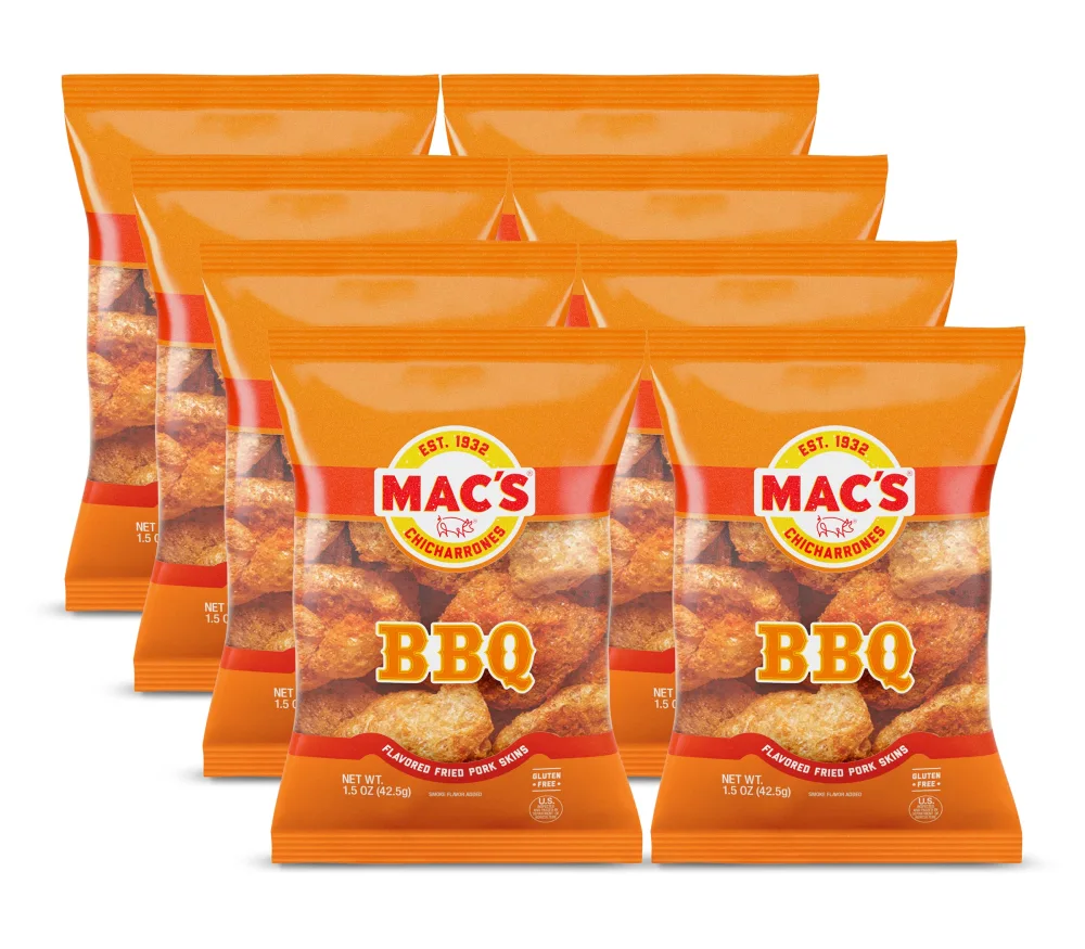 Mac's Crunchy Chicharrones, Low Carb, Keto Friendly Snack (Barbecue, 5 Ounce (Pack of 8)