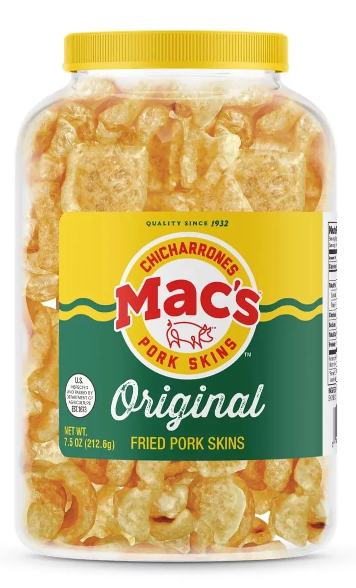 Mac's Pork Rinds, Fried Pork Skins, Original, 7.5 Ounce Canister - Zero Carbs, Keto Friendly Snack, Gluten Free