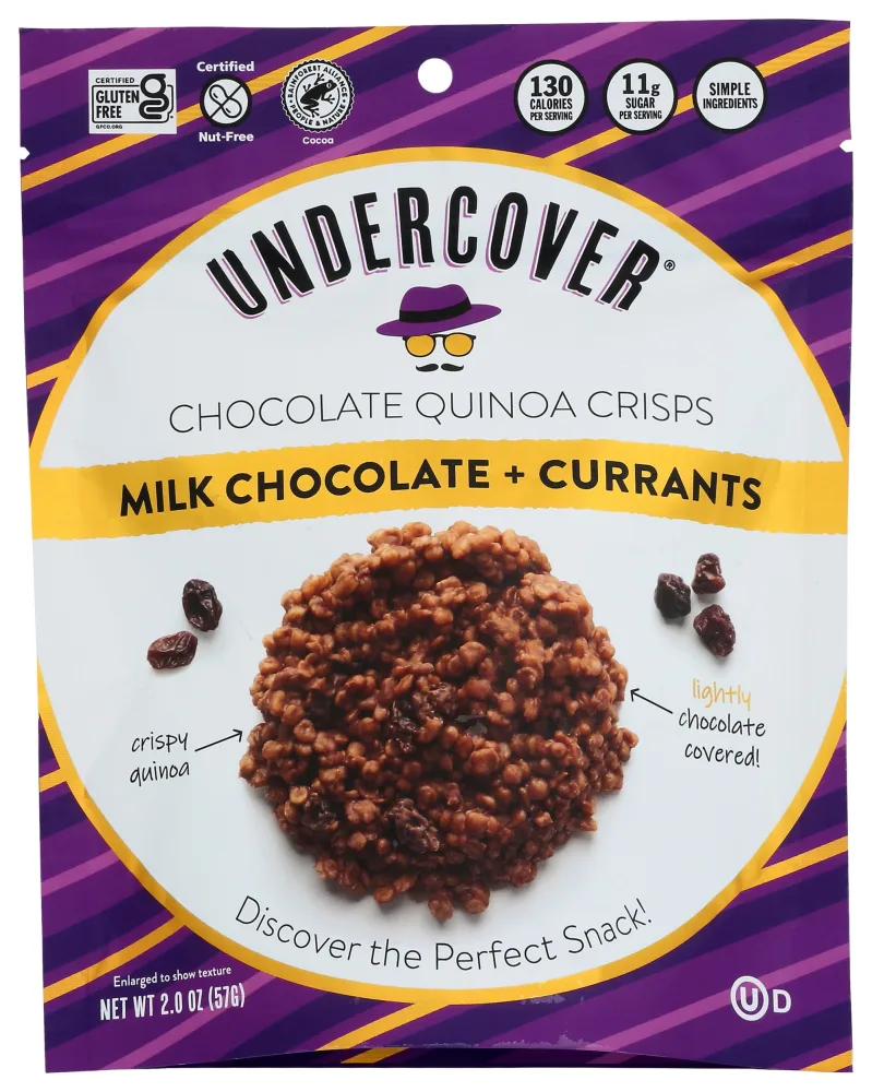 Undercover Chocolate Quinoa Crisps - Milk Chocolate + Currants Quinoa Crisps | 8-Pack, 2oz Bags | Gluten Free, Nut-Free, Allergen Friendly, Kosher