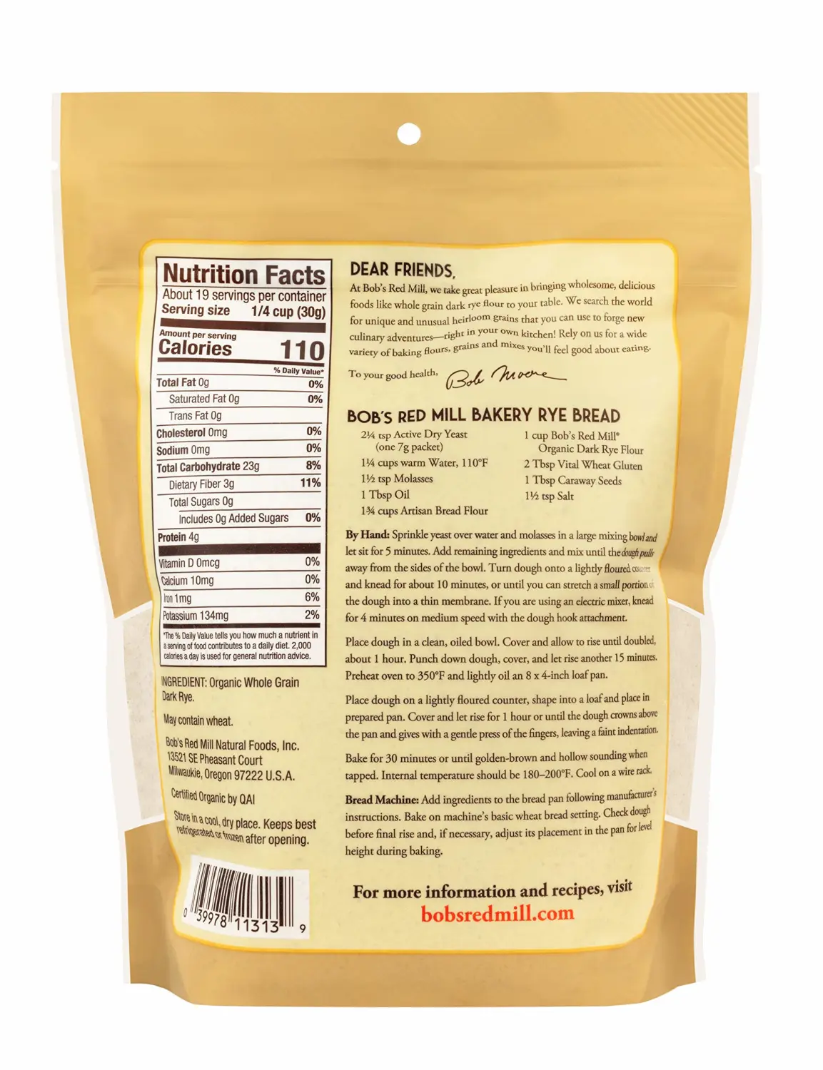 Bob's Red Mill Organic Dark Rye Flour, 20oz (Pack of 1) - Non GMO, Whole Grain, Vegan, Kosher