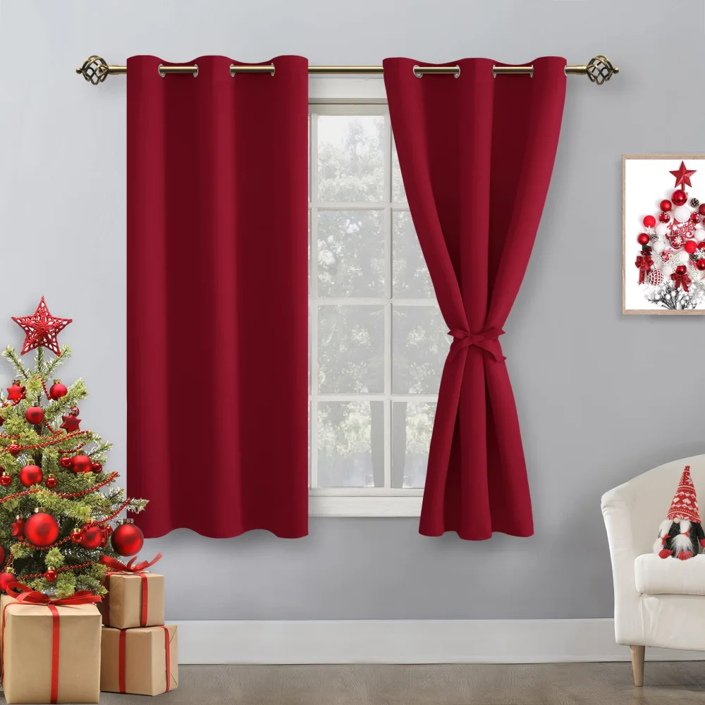 Hiasan Short Blackout Curtains for Bedroom - Thermal Insulated & Light Blocking Window Curtains for Living Room, 2 Drape Panels Sewn with Tiebacks, Christmas Red, 42 x 45 Inch