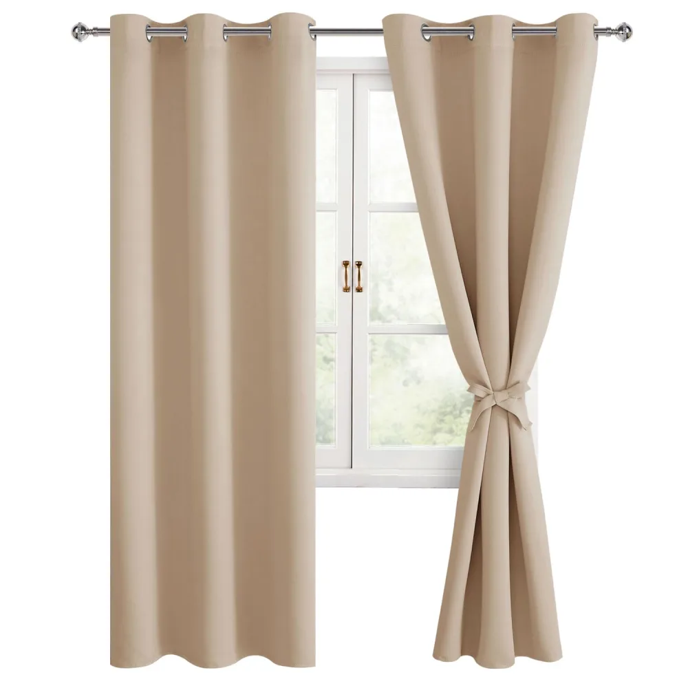 Hiasan Blackout Curtains for Bedroom, 42 x 84 Inches Long - Thermal Insulated & Energy Saving Window Curtains for Living Room, 2 Drape Panels Sewn with Tiebacks, Beige