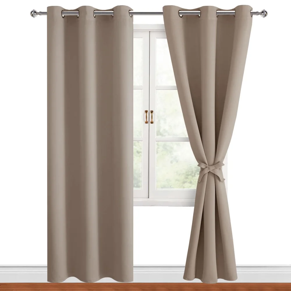 Hiasan Blackout Curtains for Bedroom, 42 x 84 Inches Long - Thermal Insulated & Light Blocking Window Curtains for Living Room/Kids Room, 2 Drape Panels Sewn with Tiebacks, Camel