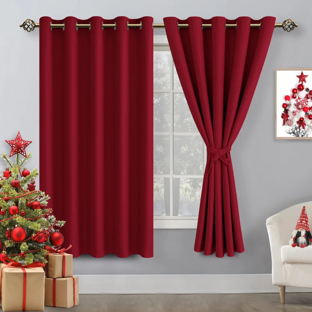 Hiasan Blackout Curtains for Bedroom, 60 x 63 Inches Length - Thermal Insulated & Light Blocking Window Curtains for Living Room, 2 Drape Panels Sewn with Tiebacks, Christmas Red