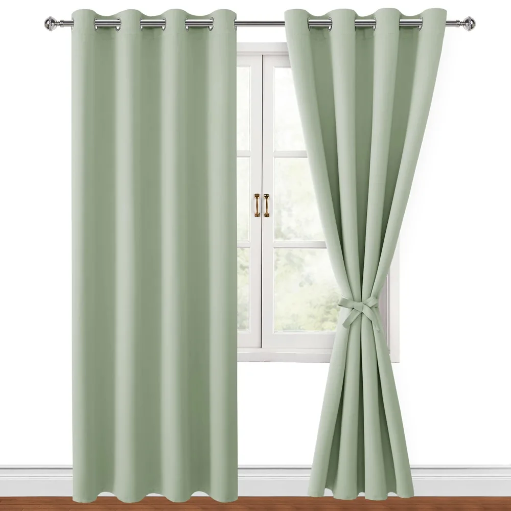 Hiasan Blackout Curtains for Bedroom, 52 x 96 Inches Long - Thermal Insulated & Light Blocking Window Curtains for Living Room/Kids Room, 2 Drape Panels Sewn with Tiebacks, Seafoam Green