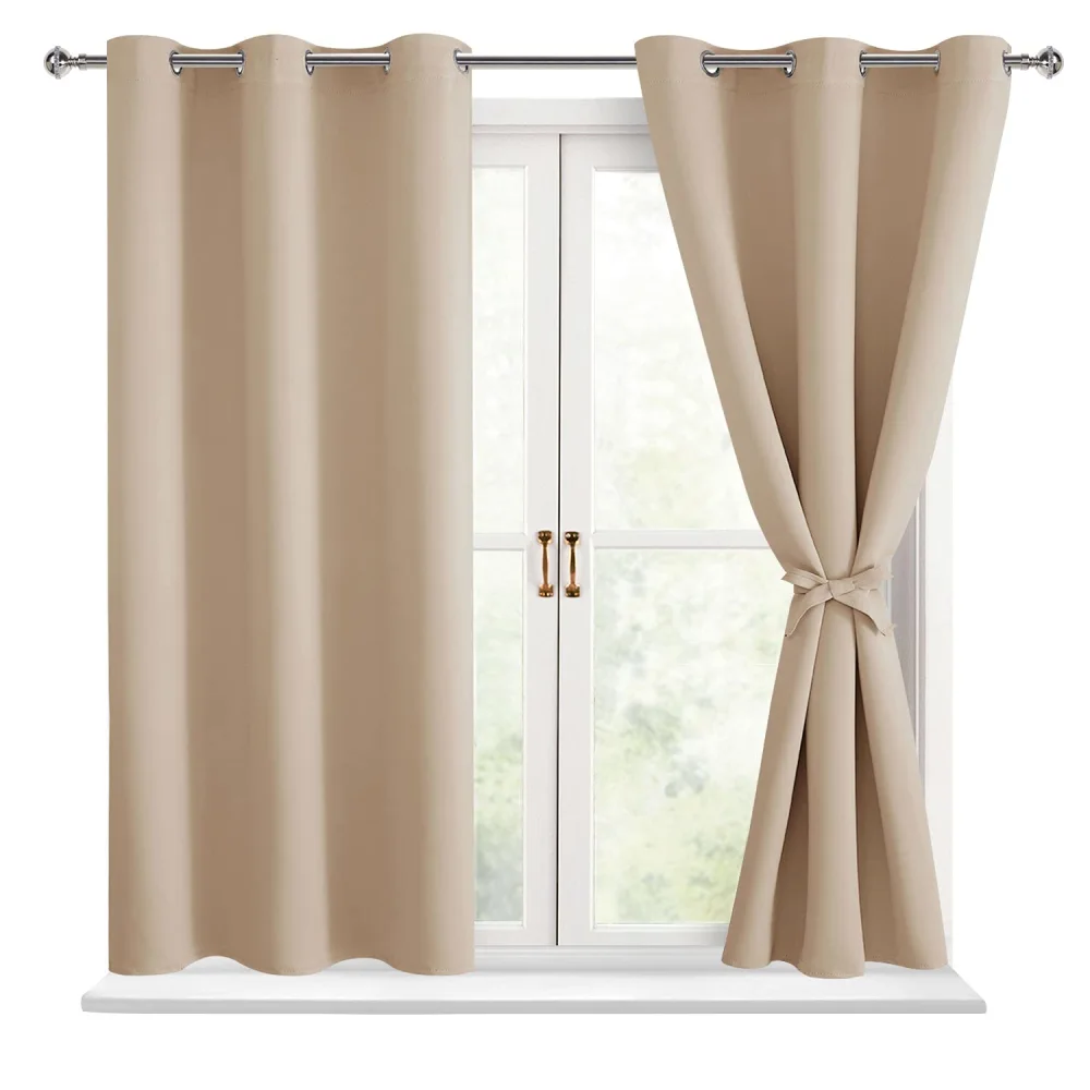 Hiasan Short Blackout Curtains for Bedroom - Thermal Insulated & Energy Saving Window Curtains for Living Room, 2 Drape Panels Sewn with Tiebacks, Beige, 42 x 45 Inch