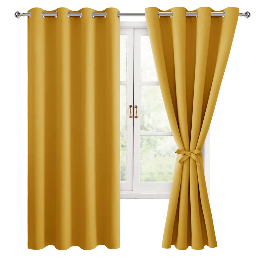 Hiasan Blackout Curtains for Bedroom, 52 x 63 Inches Length - Thermal Insulated & Light Blocking Window Curtains for Living Room, 2 Drape Panels Sewn with Tiebacks, Mustard Yellow