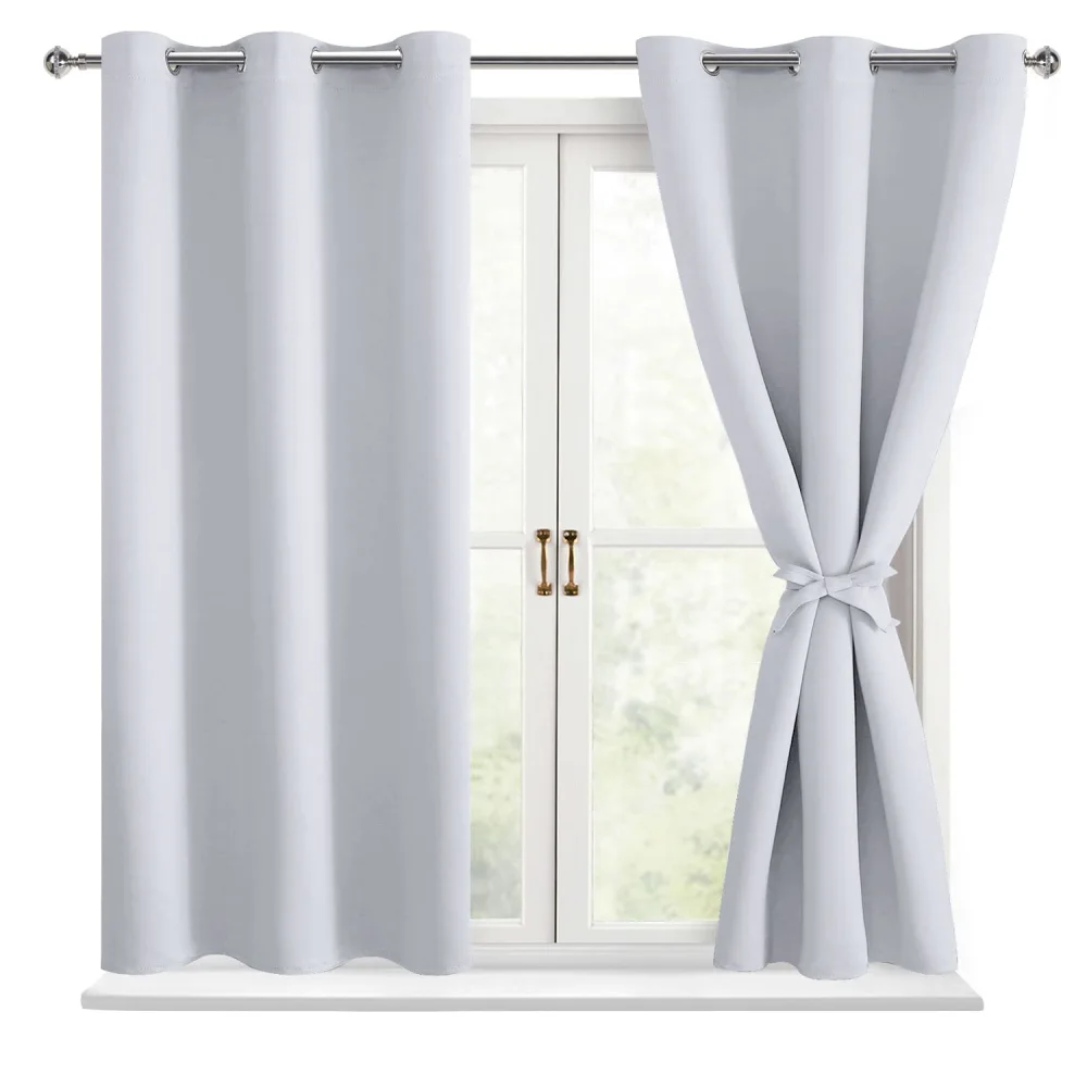 Hiasan Short Blackout Curtains for Bedroom - Thermal Insulated & Energy Saving Window Curtains for Living Room, 2 Drape Panels Sewn with Tiebacks, Greyish White, 42 x 45 Inch