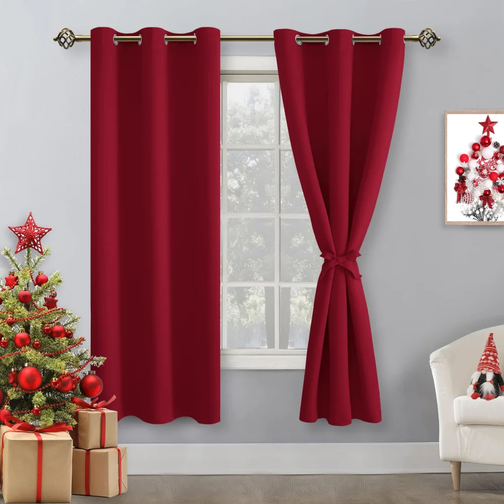 Hiasan Blackout Curtains for Bedroom and Living Room, Light Blocking, Noise Reducing Window Curtain Panels, Tiebacks Included, Set of 2, Grommet Top (Red, Width 42 Inch x Length 72 Inch)