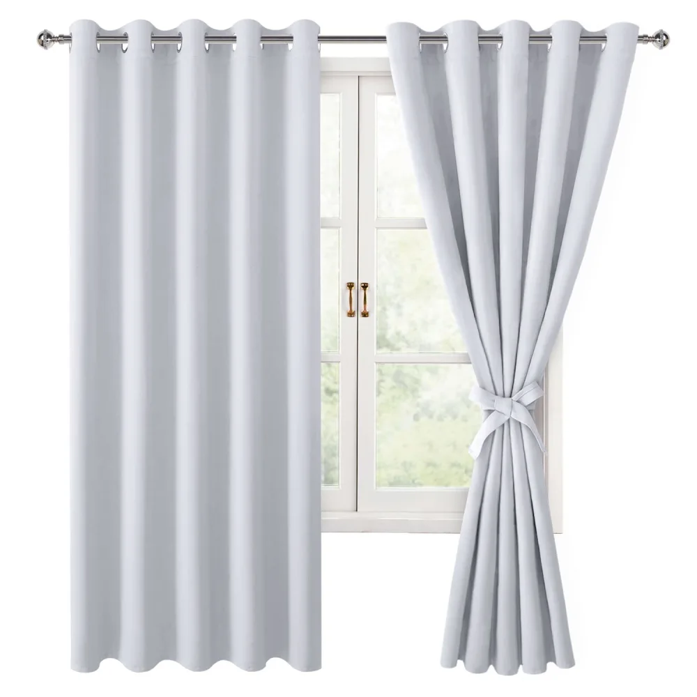 Hiasan Blackout Curtains for Bedroom, 60 x 63 Inches Length - Thermal Insulated & Energy Saving Window Curtains for Living Room, 2 Drape Panels Sewn with Tiebacks, Greyish White