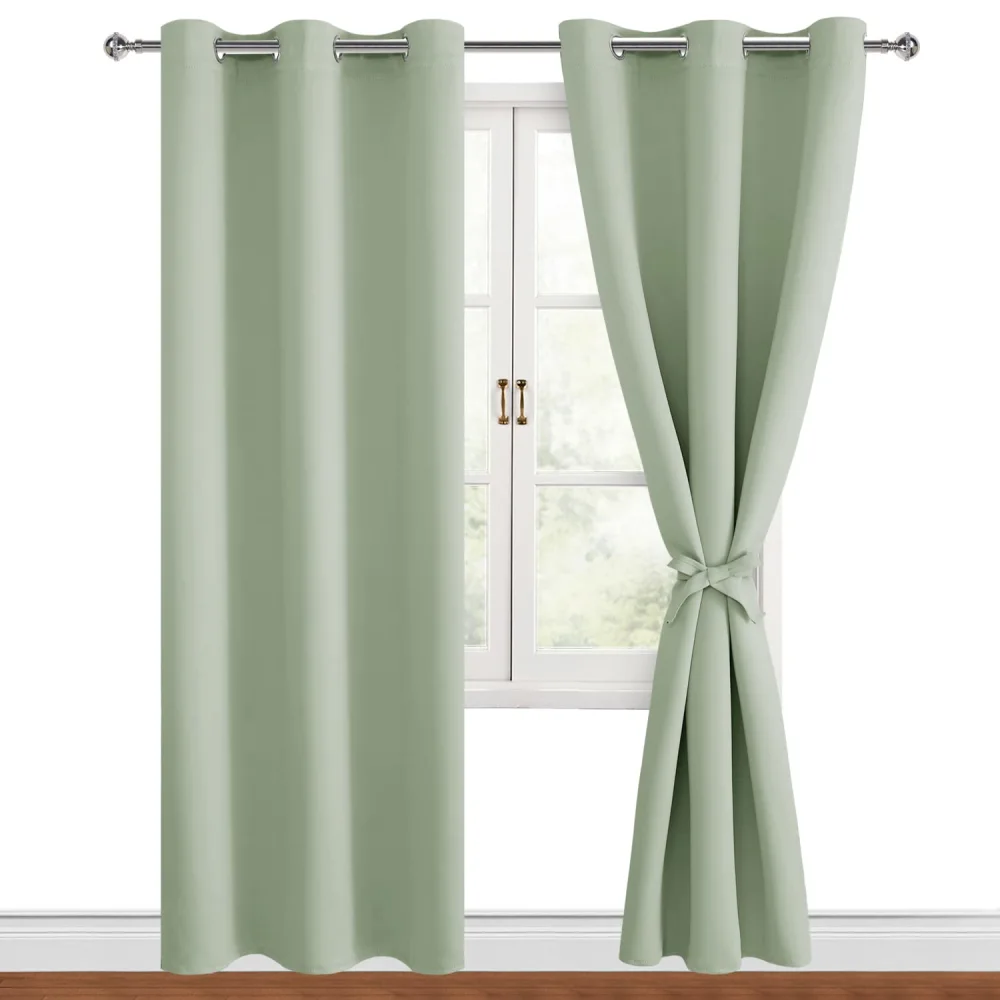 Hiasan Blackout Curtains for Bedroom, 42 x 84 Inches Long - Thermal Insulated & Light Blocking Window Curtains for Living Room/Kids Room, 2 Drape Panels Sewn with Tiebacks, Seafoam Green