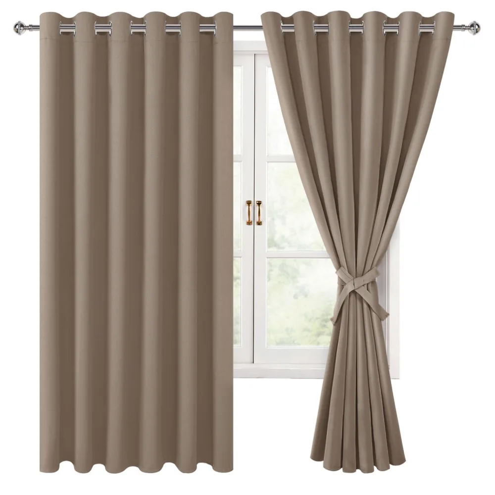 Hiasan Grommet Blackout Curtains for Bedroom, 70 x 63 Inches - Thermal Insulated & Light Blocking Window Drapes for Living Room/Dorm Room, Set of 2 Panels Sewn with Tiebacks, Camel