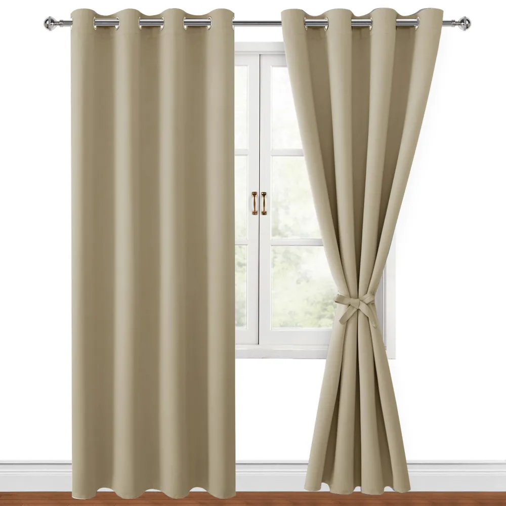 Hiasan Blackout Curtains for Bedroom, 52 x 84 Inches Long - Thermal Insulated & Light Blocking Window Curtains for Living Room, 2 Drape Panels Sewn with Tiebacks, Taupe