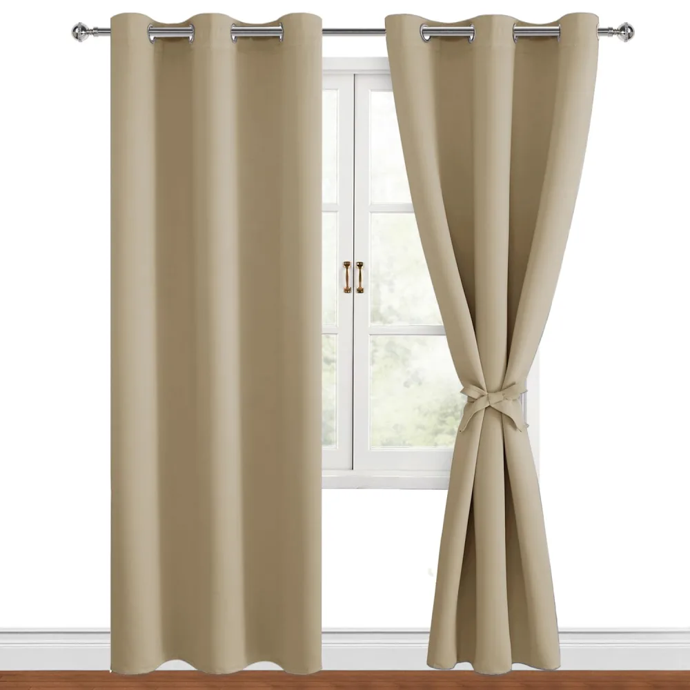 Hiasan Blackout Curtains for Bedroom, 42 x 84 Inches Long - Thermal Insulated & Light Blocking Window Curtains for Living Room, 2 Drape Panels Sewn with Tiebacks, Taupe