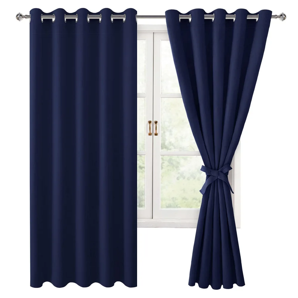 Hiasan Grommet Blackout Curtains for Bedroom, 60 x 72 Inches - Thermal Insulated & Light Blocking Window Drapes for Living Room/Dorm Room, Set of 2 Panels Sewn with Tiebacks, Navy Blue