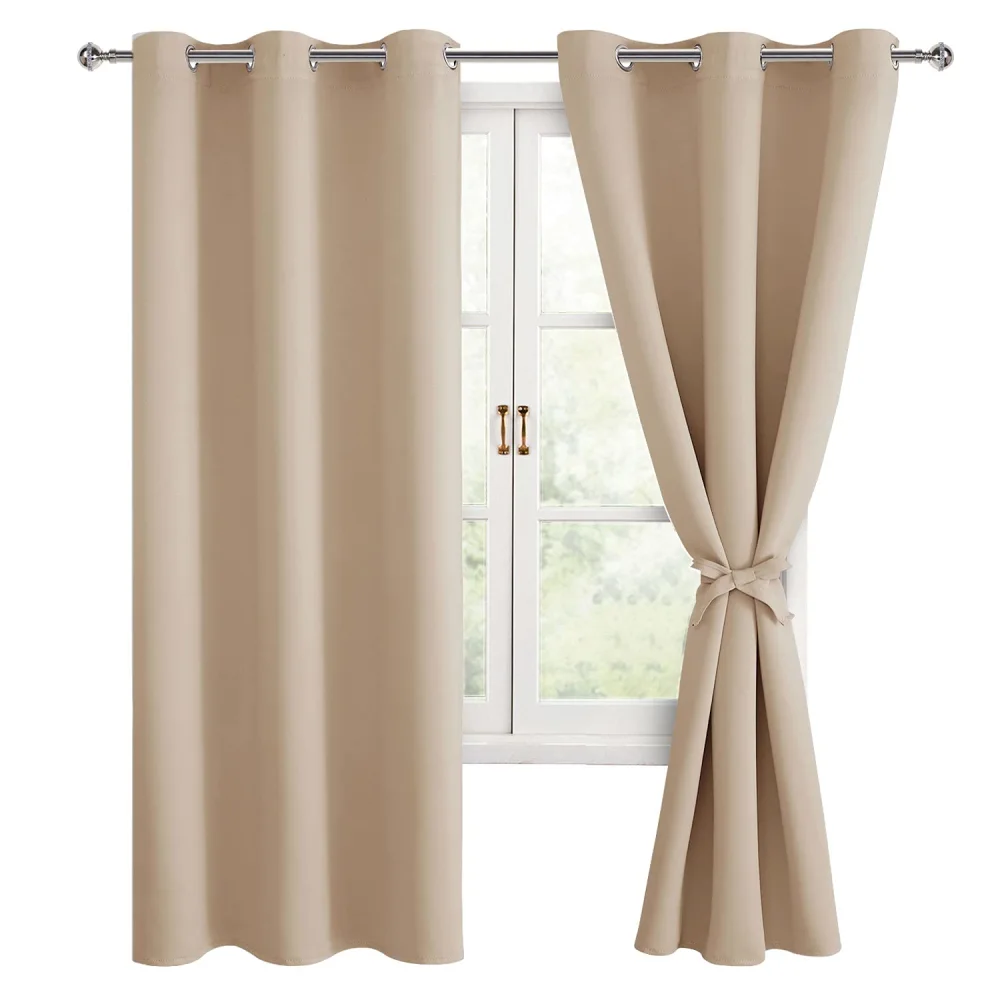 Hiasan Blackout Window Curtain Panels, Thermal Insulated, Light Blocking, Noise Reducing Room Darkening Curtains, Sewn with Tiebacks, Set of 2, Grommet Top (Beige, Width 42 Inch x Length 72 Inch)