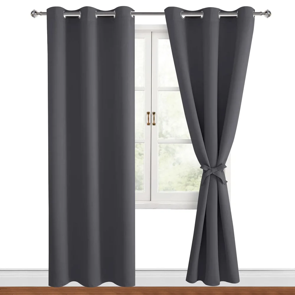 Hiasan Grommet Blackout Curtains for Bedroom, 42 x 84 Inches Long - Thermal Insulated & Light Blocking Window Curtains for Living Room, 2 Drape Panels Sewn with Tiebacks, Dark Grey