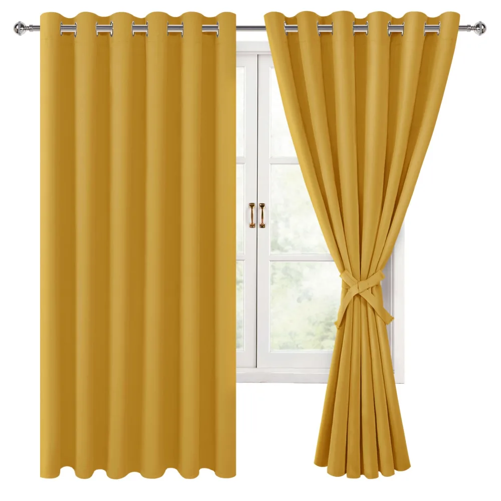 Hiasan Grommet Blackout Curtains for Bedroom, 70 x 63 Inches - Thermal Insulated & Light Blocking Window Drapes for Living Room/Dorm Room, Set of 2 Panels Sewn with Tiebacks, Mustard Yellow