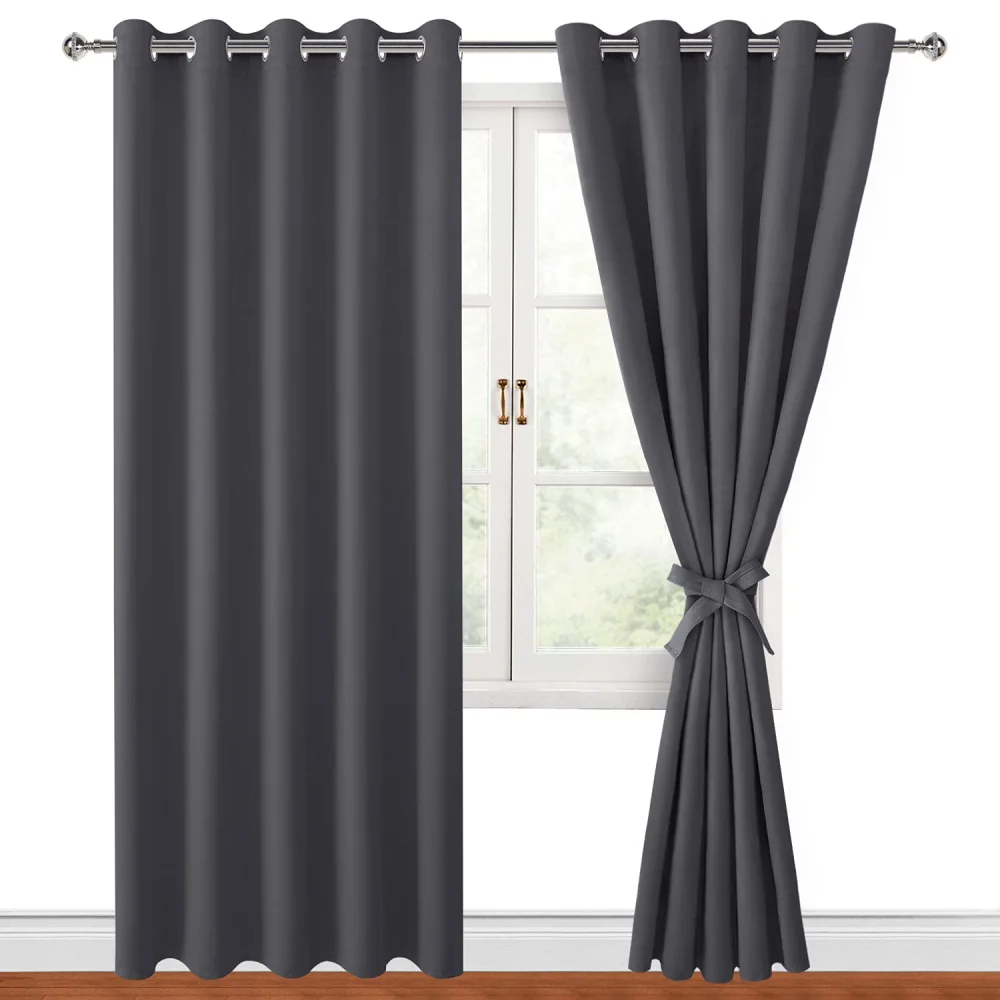 Hiasan Blackout Curtains for Bedroom, 60 x 84 Inches Long - Thermal Insulated & Light Blocking Window Curtains for Living Room, 2 Drape Panels Sewn with Tiebacks, Dark Grey