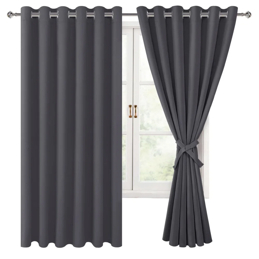 Hiasan Grommet Blackout Curtains for Bedroom, 70 x 63 Inches - Thermal Insulated & Light Blocking Window Drapes for Living Room/Dorm Room, Set of 2 Panels Sewn with Tiebacks, Dark Grey