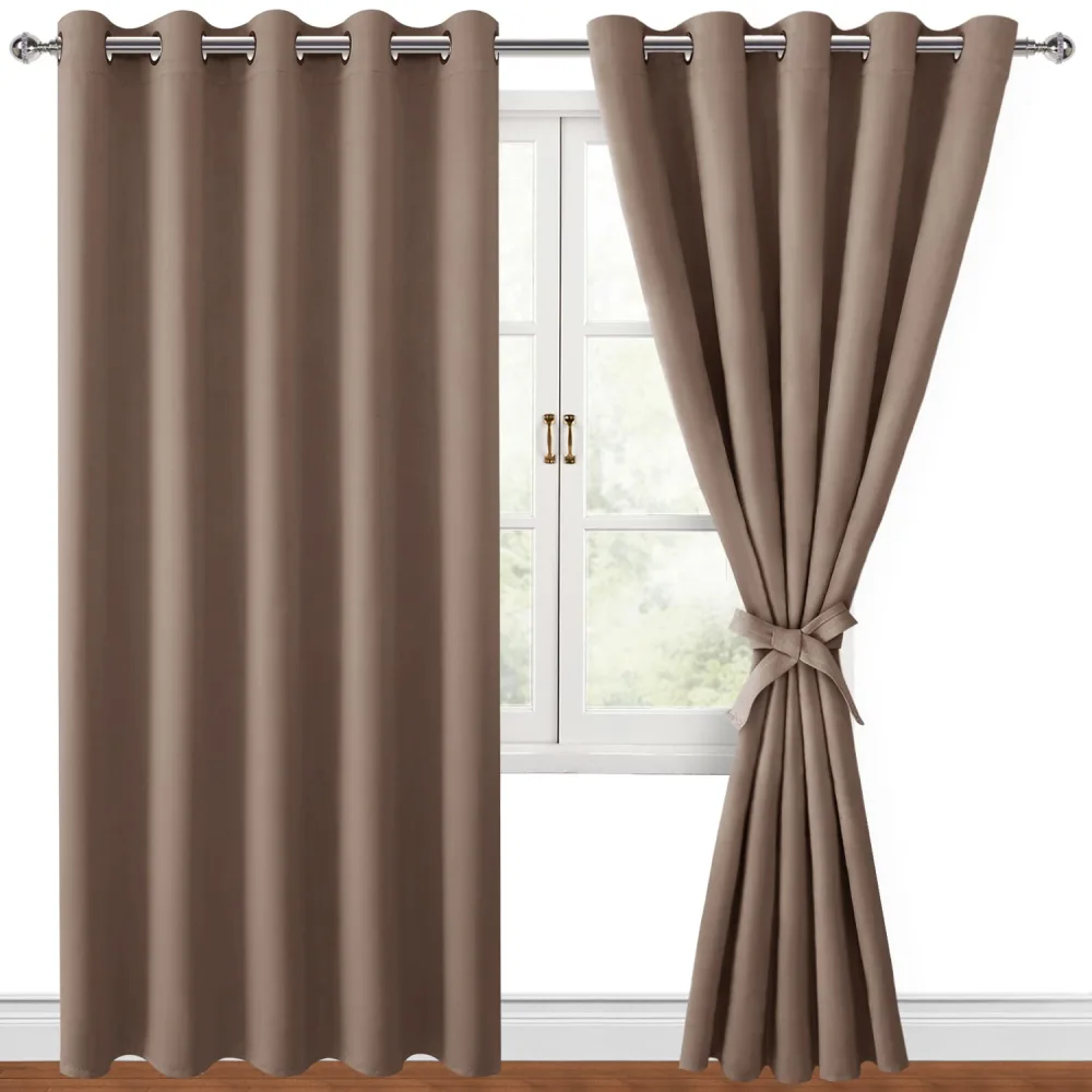 Hiasan Blackout Curtains for Bedroom, 60 x 84 Inches Long - Thermal Insulated & Light Blocking Window Curtains for Living Room, 2 Drape Panels Sewn with Tiebacks, Cappuccino