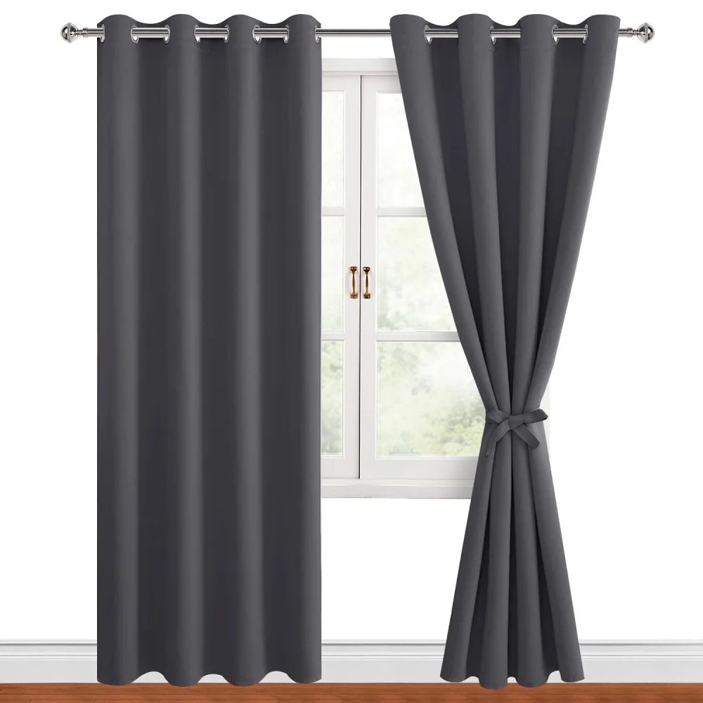 Hiasan Blackout Curtains for Bedroom, 52 x 84 Inches Long - Thermal Insulated & Light Blocking Window Curtains for Living Room, 2 Drape Panels Sewn with Tiebacks, Dark Grey