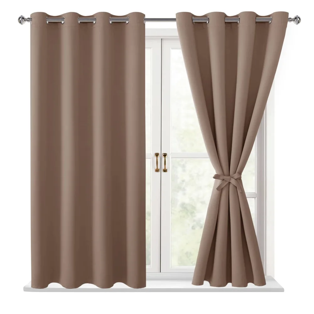 Hiasan Blackout Curtains for Bedroom, 52 x 54 Inches Long - Thermal Insulated & Light Blocking Window Curtains for Living Room, 2 Drape Panels Sewn with Tiebacks, Cappuccino