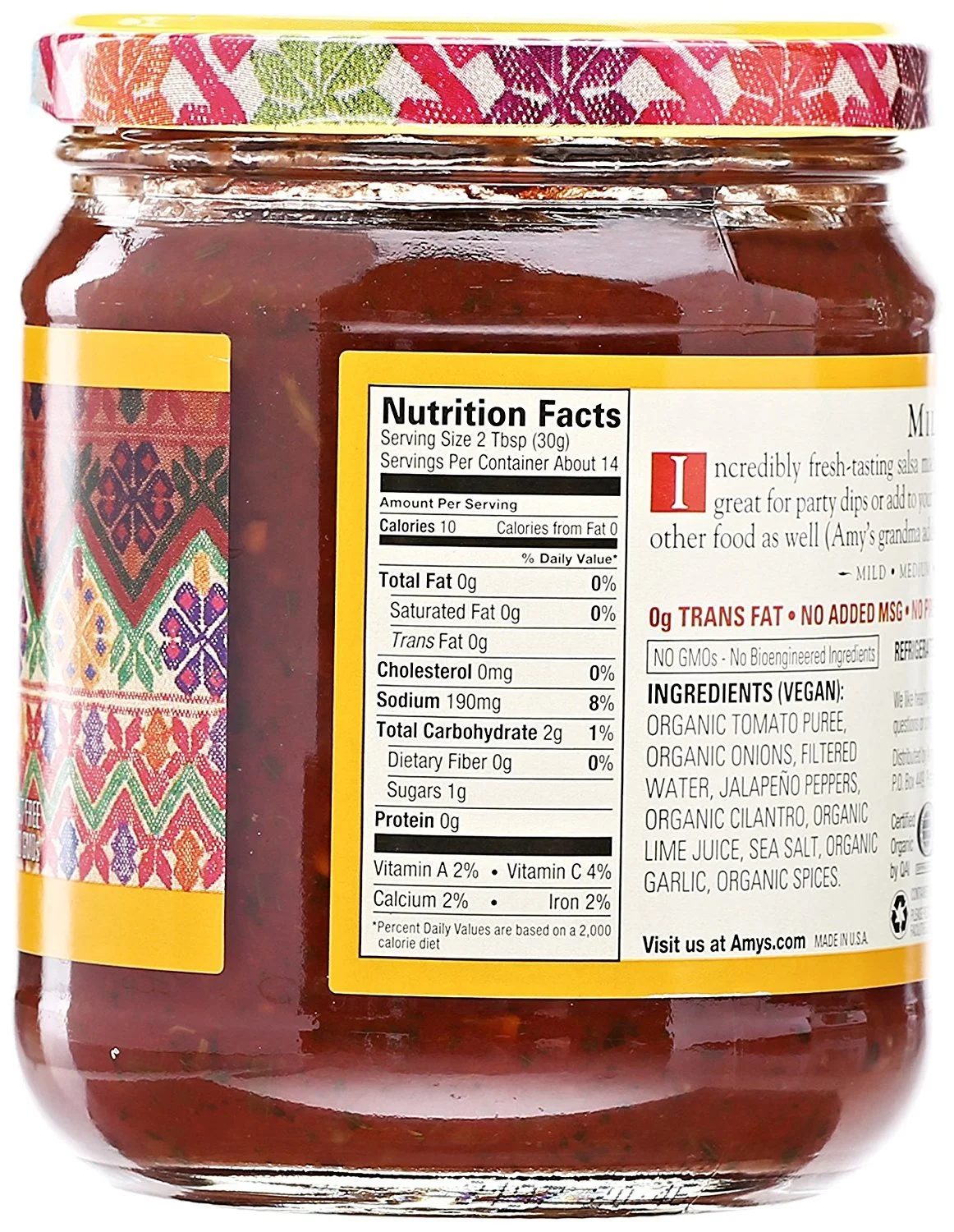Amy's Salsa, Mild Salsa, Made With Organic Tomatoes, Gluten Free, Vegan Snacks, 14.7 Oz