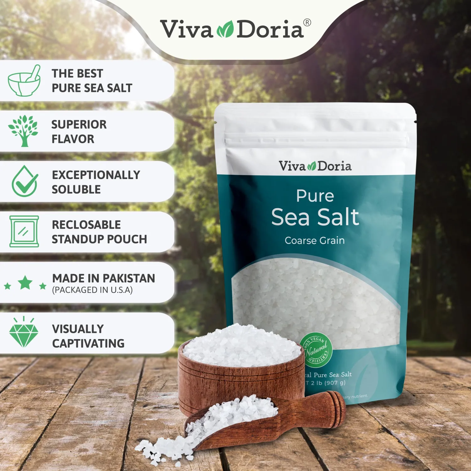 Viva Doria Pure Sea Salt, Coarse Grain, 2 lb | Ideal For Salt Grinders