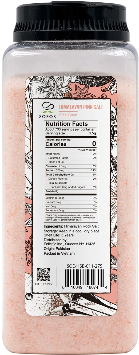 Soeos Himalayan Pink Salt, Fine Grain, 38.8oz (2.4 LB), Non-GMO, Pink Salt, Kosher Salt, Himalayan Rock Salt