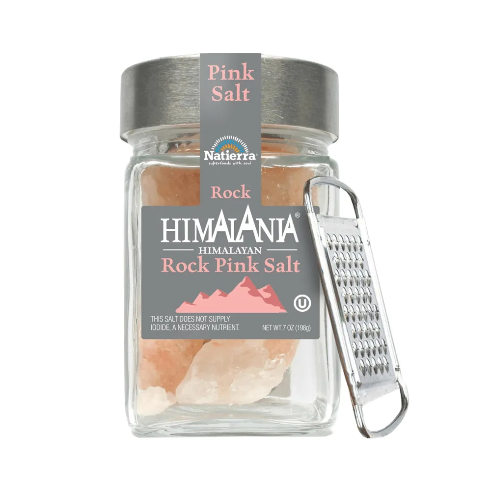 NATIERRA Himalania Himalayan Rock Pink Salt Glass Jar with Grater | Unrefined & Non-GMO | 7 Ounce